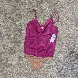 WAYF Pink Satin Cowl-Neck Bodysuit